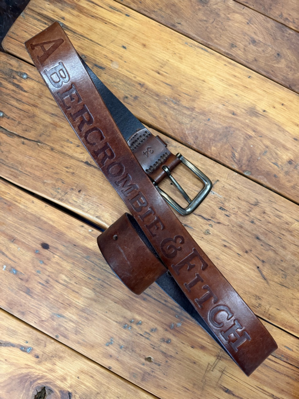 Abercrombie & Fitch brown embossed leather belt with aged brass buckle